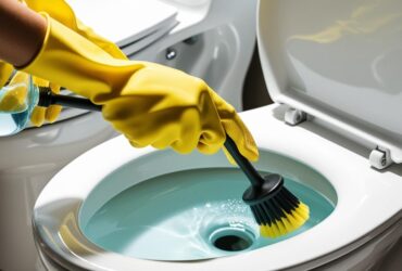 cleaning toilet with gloves, long handle brush, cleaner
